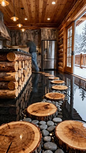 Amazing Epoxy River Rock Floor in Log Cabin! #DIY #flooring #home | Visionary Designs