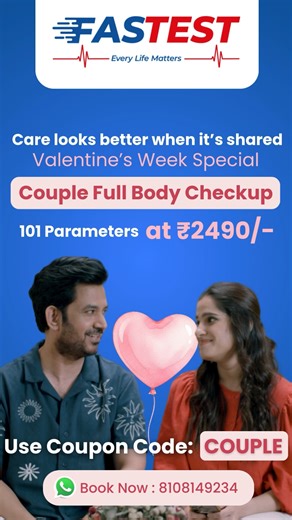 Fastest Healthtech Pvt. Ltd. on Instagram: "Valentine’s Special for Couples 💘 Because love is also preventive care. 🧪 2 Full Body Checkups – ₹2490 (101 parameters) Code: COUPLE #valentinesday2026 #valentinesspecial #fullbodycheckup #fastesthealth"