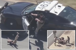 Horrifying moment shows thief who stole Calif. cop car leap to death at 46 mph
