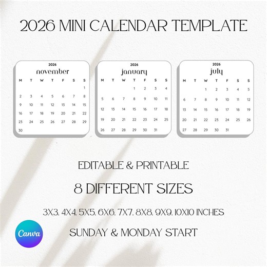 Editable 2026 Mini Calendar, Printable in Sizes From 3x3 to 10x10 Inches, Instant Download and Free Editing Support - Etsy Canada