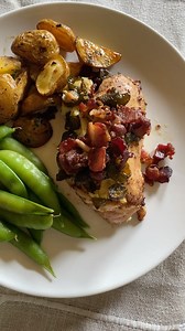 Full recipes 👇🏼👇🏼👇🏼 Creamy Cowboy Candy Chicken * 4 boneless skinless chicken breast * 1 pound bacon * 8oz block cream cheese * 1 half pint cowboy candy * 2 tbsp brown sugar * Chopped dried or fresh rosemary * Salt and pepper Crispy Herb Butter Potatoes * 1 pound baby gold potatoes * Salt and pepper * 3-4 tbsp melted butter * Lots of fresh herbs 1. Preheat oven to 400°F. Dice up your bacon and cook until it’s almost perfectly crispy, so a little underdone! While your bacon is cooking cut y