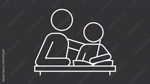 Homework help white linear animation. Parent explaining lesson to child. Loop HD video with chroma key, alpha channel on transparent background, black solid background. Animated outline icon