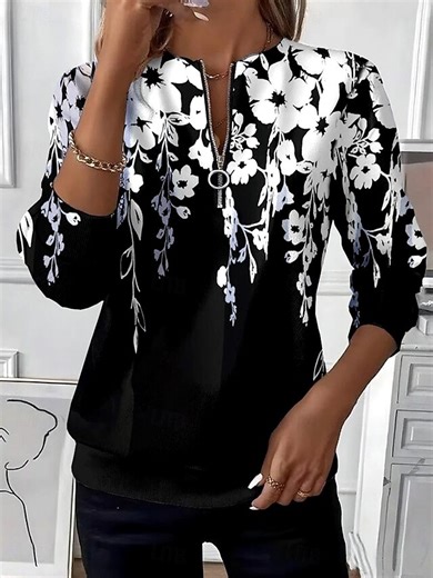 Women's Pullover Sweatshirt Zip Up Sweatshirts Floral Graphic Fashion Casual Long Sleeve Crew Neck Round Neck Regular Tops Street Dailywear Patchwork Zipper Print Black Spring Fall Winter 2025