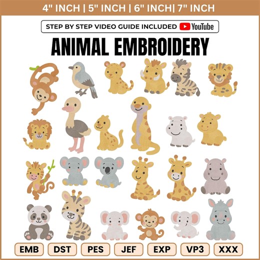 26 Safari Animals Embroidery Designs, Zoo Animal Machine Embroidery, Baby Embroidery, Forest Animal, Farm Animal, 4 Sizes,instant Download - Etsy