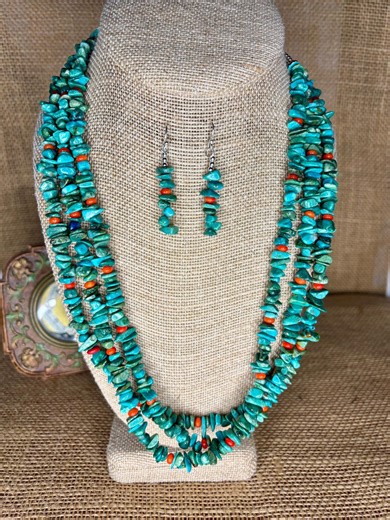 Genuine Turquoise & Coral Beaded Necklace and Sterling Silver Earrings: Southwestern Boho Jewelry - Etsy