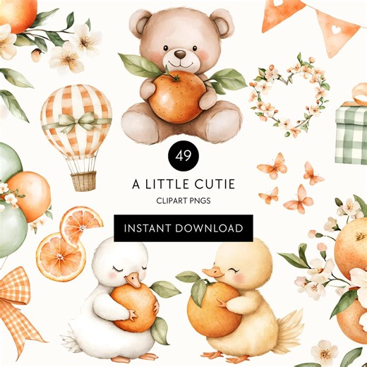 Little Cutie Baby Shower Clip Art Cute Animals Watercolor PNG Orange Fruit New Baby Decor DIY Party Invite Clipart Teddy Bear Commercial Use - Etsy