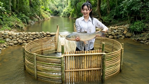 Part 67 (c) - A Girl Alone Surviving In The Forest -The Girl Builds a Bamboo Fish Trap in the Stream | Sur Dom