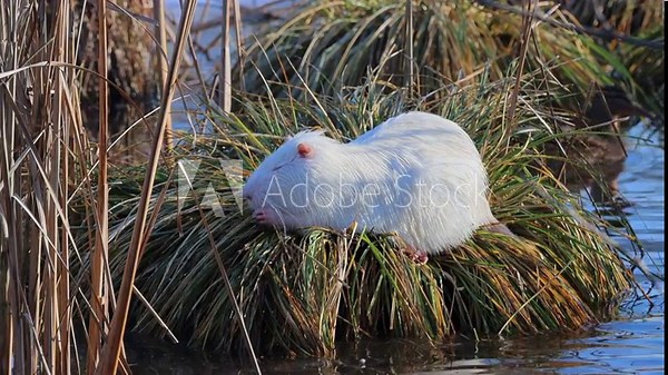 White nutria sits on the green bush in the water and eats greens on a sunny winter day. A white nutria sits towards the camera lens.