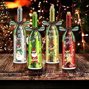 Baquler 4 Pcs Christmas Lighted Wine Bottles Xmas Indoor Decorations with Sayings, Decorative Wine Bottle Design Lights with Cork, Xmas Kitchen Table Centerpiece Home Decor Holiday Gifts