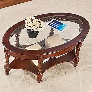 LEEMTORIG Oval Coffee Table for Living Room, Cherry Solid Wood with Glass Top, Victorian Antique Vintage Design 46" Wx29 Dx18.2 H, Easy Assembly, Cherry Walnut, KFZ-1533-GT