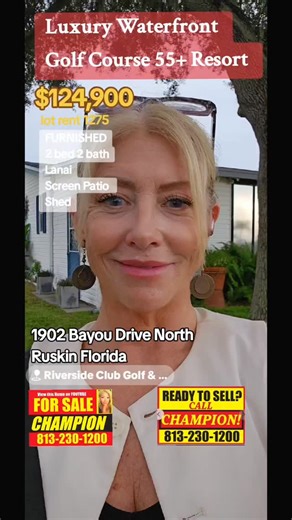 FOR SALE Perfection in a FURNISHED HOME in a Gorgeous Waterfront Golf Course Restaurant and Bar 55 Resort of Riverside Club $124,900 lot rent $1275 813-230-1200 #forsale #realestate #florida #golf #water #retirement #waterfront #boating #55plusliving #premiere | Rhonda Elias Spurling