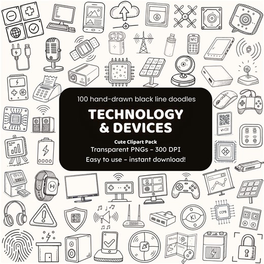 Technology & Devices Doodle Clipart | 100 Hand-drawn Black Line Pngs | Icons and Stickers for Crafters - Etsy