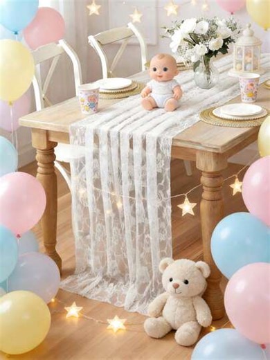 1pc Rectangular Lace Tulle Baby Shower Table Runner, 1st Birthday Party Decor Tablecloth, Wedding Holiday Table Decoration, Gender Reveal Party Backdrop, Baby Shower Table Skirt, 1st Birthday Room Decor, Party Scene Decoration, Party Favors, Gender Reveal Decorations, Gender Reveal Gifts, Holiday Decorations, Dining Table Decor, Party Favors, White Valentine's Day | SHEIN