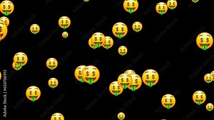 Dollar eyes emoji. Money face emoticon with green tongue. Yellow face emoji. Animated falling emojis. Social media icons symbol animation with green screen background.