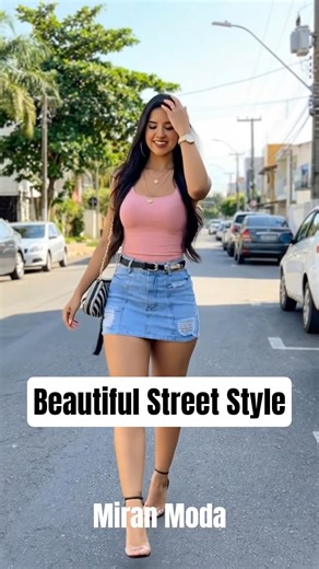 Effortless Chic Street Style: Blush Pink & Denim Mini Skirt Elegance #FashionOOTD #StreetStyle