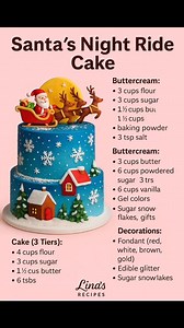 🎅 Santa’s Night Ride Cake **Cake (3 Tiers):** - 4 cups flour - 3 cups sugar - 1½ cups butter, softened - 1½ cups milk - 6 eggs - 2 tbsp baking powder - 1 tsp salt - 2 tsp vanilla **Buttercream:** - 3 cups butter, softened - 6 cups powdered sugar - 3-4 tbsp milk - 2 tsp vanilla - Gel colors: blue, red, white **Decorations:** - Fondant (red, white, brown, gold) - Edible glitter - Sugar snowflakes - Isomalt/gelatin for moon - Fondant Santa, sleigh, reindeer, gifts - Optional: fondant trees and hou