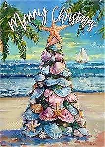 Merry Christmas Tree Beach Decorative Garden Flag, Xmas Coastal Starfish Shell Yard Outside Decorations, Nautical Winter Holiday Burlap Outdoor Small Home Decor Double Sided 12 x 18