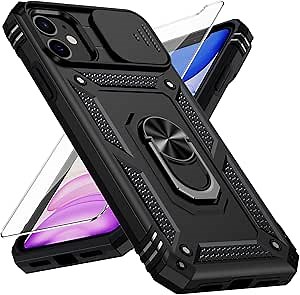 Vinve for iPhone 12 Case, iPhone 12 Pro Case, Slide Lens Cover, HD Screen Protector, Military Grade Drop Protection, Magnetic Rotated Ring Holder Kickstand Phone Case (Black)