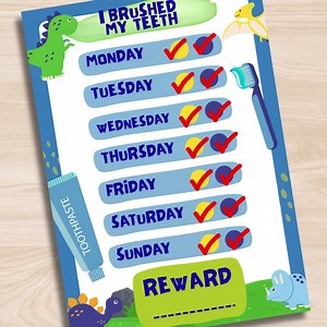 Dinosaur Tooth Brushing Reward Chart for Kids | Printable I Brush My Teeth Tracker | Morning & Bedtime Routine | A4, A5