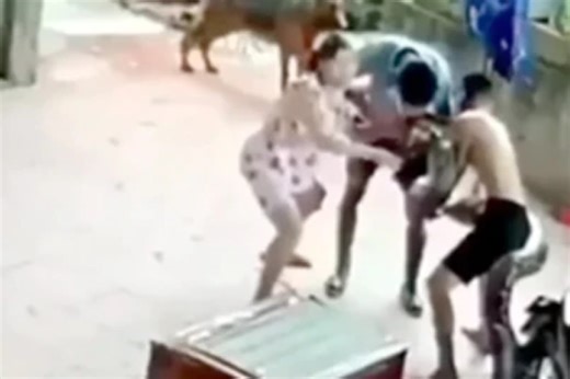 Giant snake attack a man and bite him on the face