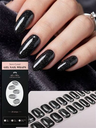 20pcs Luxury Shiny Dark Color Sequin Gel Nail Stickers, Deep Green, Wine Red, Black Glitter Design, High Gloss Finish Nail Wraps, Require UV Lamp Curing, Long-Lasting, Easy DIY Nail Art | SHEIN
