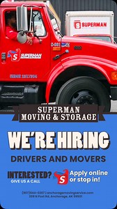 🚛 NOW HIRING MOVERS & DRIVERS! 💪 Join a hardworking team that keeps things moving! We’re looking for reliable movers and drivers to help with residential and commercial moves. Competitive pay, a great work environment, and plenty of opportunities to grow! 📍 Apply in person at: 209 N. Post Road, Anchorage 📲 Call for more info: (907) 644-0307 #NowHiring #JoinTheTeam #SupermanMoving #NationwideMovers #alaskamovers #anchoragemovers #alaska #Storage #storagesolutions #Supermanmoving #superman #st