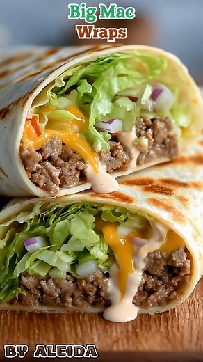 All the flavor of a Big Mac… wrapped up and ready to go! 😋 These Big Mac Wraps are crispy, cheesy, and loaded with that famous sauce — the perfect quick weeknight dinner or lunch idea! Ingredients For the Wraps: 1 lb (450g) ground beef Salt & pepper, to taste 1 tsp onion powder 1 tsp garlic powder 4 large flour tortillas 1 cup shredded cheddar or American cheese 1 cup shredded lettuce ½ cup diced pickles ¼ cup diced onion For the Special “Big Mac” Sauce: ½ cup mayonnaise 2 tbsp ketchup 2 tbsp s