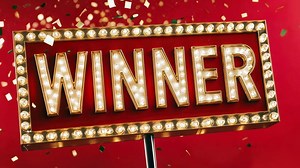 Download Winner Sign with Illuminated Bulbs on Red Background with Gold and Black Confetti. Celebration and Achievement for free