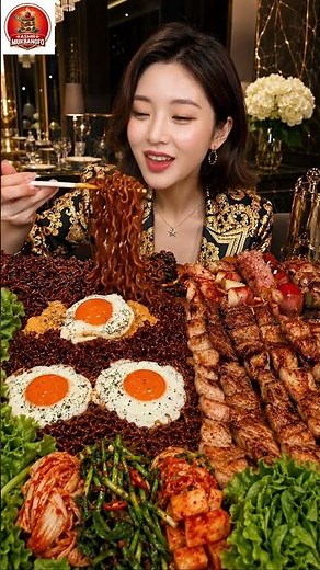 ASMR Mukbang Korean Black Bean Noodles with Fried Eggs & BBQ Pork Ultimate Eating Sounds
