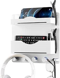 Bedside Wall Shelf with Glasses Hooks, Adhesive Bedside Organizer Wall Mount for Dorm and Room Accessories Phone，Remote，Earphone， Kindle (White)