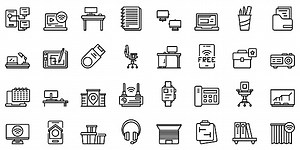 Smart office space icons set. Outline set of smart office space...