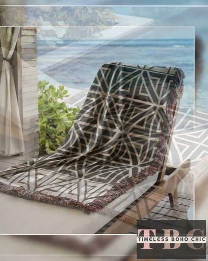 Woven Cotton Blanket - Modern Black White Geometric Pattern Throw With Fringed Edges