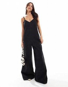 ASOS DESIGN soft denim scoop neck wide leg jumpsuit in wash black | ASOS