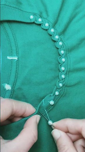 How to redesign neckline of old T-shirt with pearls