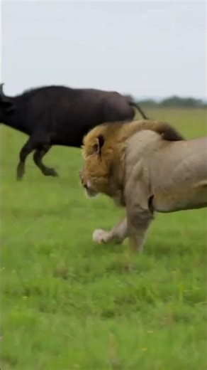 Lion Jumps on Buffalo and Knocks It Down