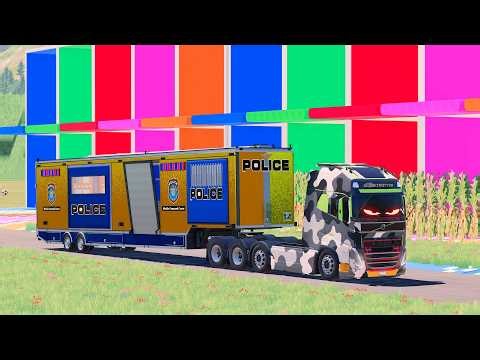 Double Flatbed Trailer Truck vs Speed Bumps | Bus, Porsche & LaFerrari Test – Farming Simulator 22