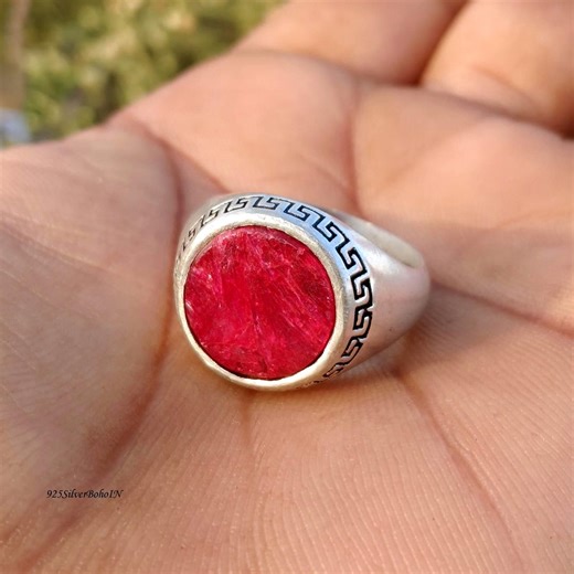 Handmade Raw Red Ruby Ring Greek Key Sterling Silver Meander Band Unique Men’s Signet - Etsy