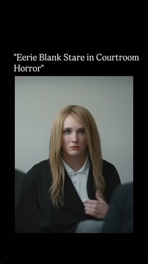 Innofy.io on Instagram: "The video clip from the post shows a tense courtroom scene from the 2023 psychological thriller film Red Rooms (original French title: Les Chambres rouges). A young woman with long, straight blonde hair sits in the defendant's or witness area, dressed in formal attire—a white collared shirt under a dark blazer. She stares directly ahead with a completely blank, emotionless expression—wide eyes, neutral mouth, no visible reaction—as graphic and disturbing evidence (implie