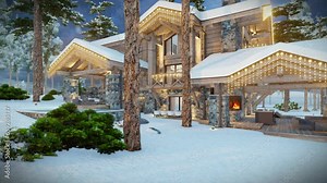 4K video rendering of modern cozy chalet with pool and parking for sale or rent. Beautiful forest mountains on background. Massive timber beams columns. Christmas garlands in New Year holidays
