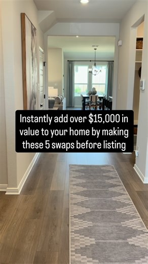 Evangeline Cloud | Wife • Mom • Yama(Grandma)of 3 on Instagram: "I can tell you exactly which upgrades move the needle on sale price — and which ones sellers waste money on. These 5 swaps cost around $2,800 total, but buyers will mentally add $15,000–$20,000 in value to your home. 1. Swap out your brass or outdated light fixtures Cost: $400–$800 Buyers walk in and see old brass fixtures and their brain screams “1990s time capsule.” Modern brushed nickel or matte black fixtures with warm LED bulb