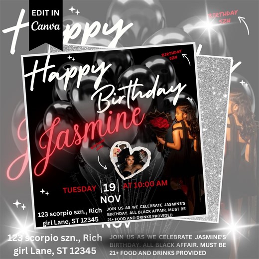 Birthday Party Flyer Template | Editable Canva Invitation | Black & Red Birthday Bash Invite | Digital Birthday Flyer Design - Etsy