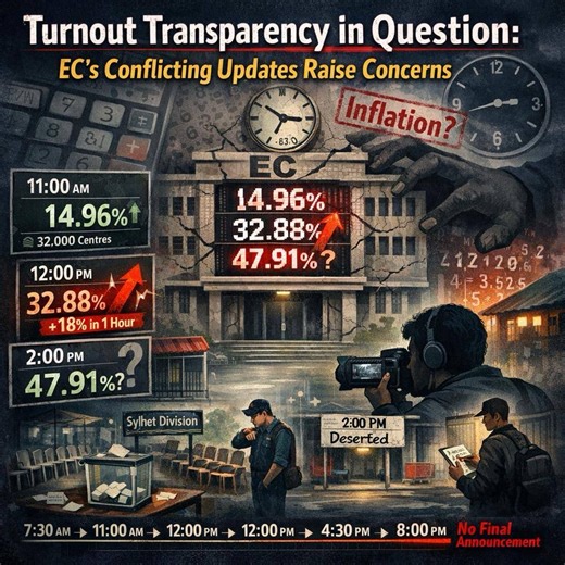 While on February 9, EC claimed to update the voter turnout list every two hours, the claim appeared to be a farce. The voting ended at 4:30 pm. As of 8:00 pm, there was no announcement on the final voter turnout. Even after the voting began at 7:30 am, it took more than 3 hours for the EC to give the first update. At the first briefing at 11:00 am, the EC claimed 14.96 percent voter turnout, compiling data from across 32000 centres out of 42,651 centres But an hour later, the same election comm