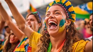 A football fan with their face painted in World Cup colors binds football fans together. Awed spectators record moments and matches.