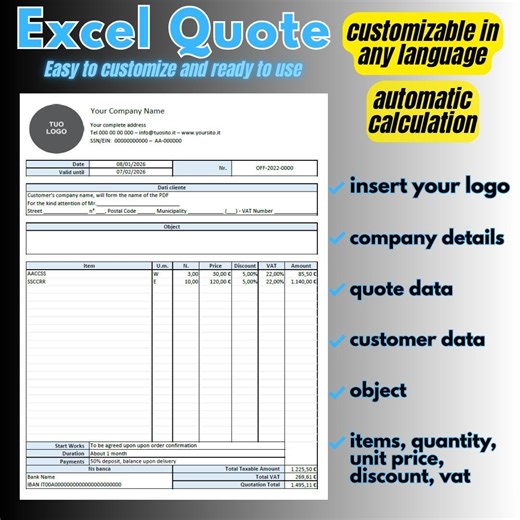 Excel Template for a Quote Cost Automatic VAT Calculation Convertible PDF Printable Version Proposal Quotation Products and Services Expense - Etsy Australia