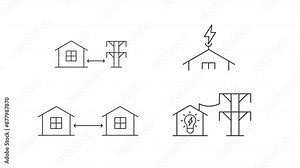 Building electricity animation set. House electrification animated line icons. Electricity pylon, voltage tower. Black illustrations on white background. HD video with alpha channel. Motion graphic
