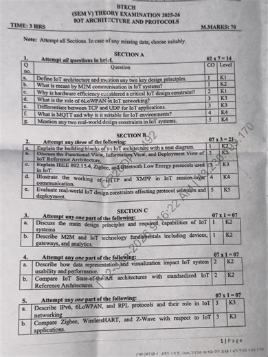 IOT ARCHITECTURE AND PROTOCOLS| question paper |BTech| 3rd year |Aktu |song |Gateway classes| ODI |