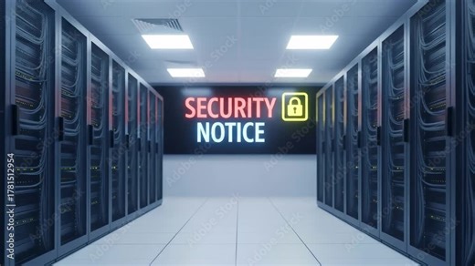 Security notice animated in a server room, data center protection with network hardware and digital cybersecurity concept