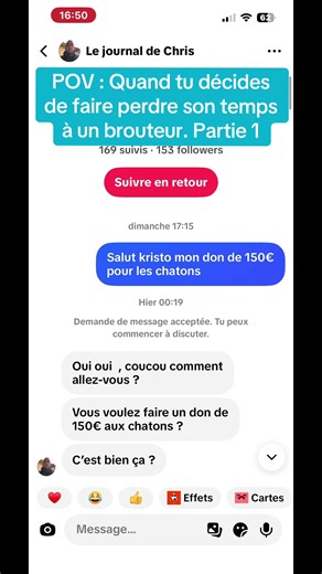 Quand les arnaqueurs ne manquent pas d’imagination… Voilà qu'un brouteur se fait passer pour un compte de vidéos de chats pour me soutirer du fric pour une