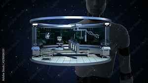 Robot, cyborg touching Laboratory, Future Biotechnology LAB. 4k animation.2.