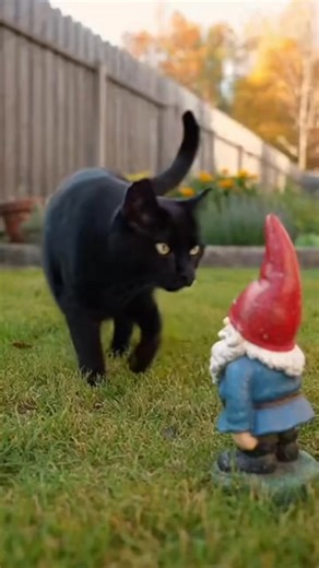 27K views · 848 reactions | There is nothing quite like the chaotic energy of a playful black cat when they decide a garden gnome is their newest rival. Watch this little house panther go from curious to victorious in seconds. They really do run the yard. It is so funny to see them stand proudly over their prize. ‍⬛ #BlackCat #GardenGnome #FunnyCats #PetMischief #CatVideos | Black Cat Vibes | Facebook